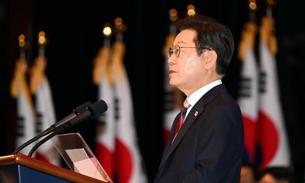 이재명 대통령이 지난 15일 서울 세종문화회관에서 열린 제80돌 광복절 경축식에서 경축사를 하고 있다. 대통령실사진기자단