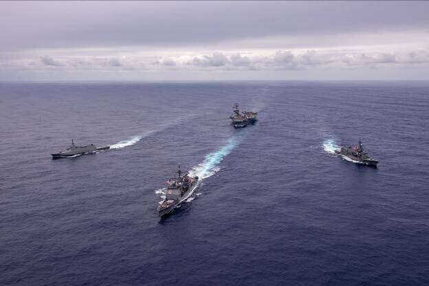 US naval forces and Japan’s Maritime Defense Force carry out joint exercises in September 2023. (still from JSDF social media)
