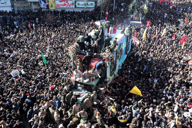 People mourn Qasem Soleimani, head of the Quds Force, part of Iran’s Revolutionary Guard, in his hometown of Kerman, Iran, on Jan. 7. (EPA STR)