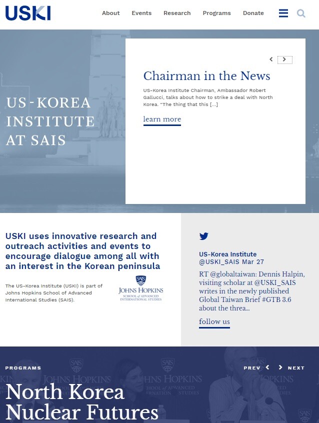 The homepage of the US-Korea Institute at Johns Hopkins SAIS