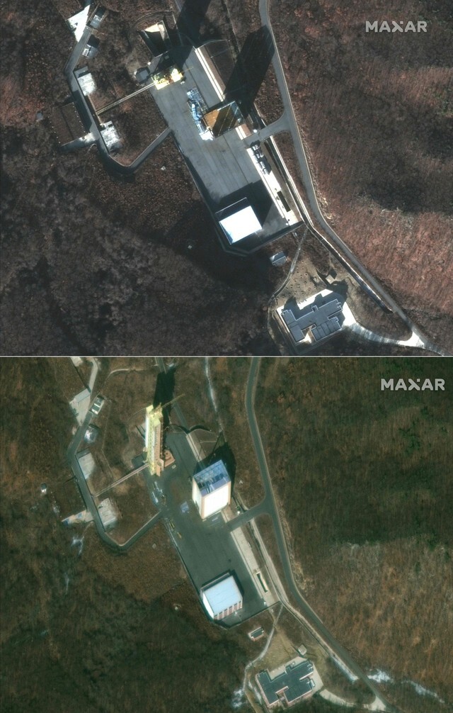 Satellite images of North Korea’s missile launch site at Tongchang Village released by DigitalGlobe on Mar. 6 seem to reveal a partial restoration of certain facilities