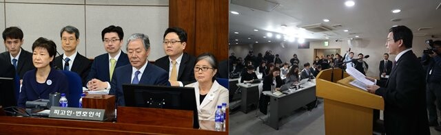 박근혜 전 대통령이 2017년 5월23일 최순실씨와 함께 뇌물 혐의 첫 공판에 출석해 피고인석에 앉아 있다(왼쪽). 2018년 11월14일 김용범 금융위원회 부위원장이 삼성바이오로직스 분식회계 조사 결과를 발표하고 있다. 한겨레 신소영 기자, 청와대사진기자단