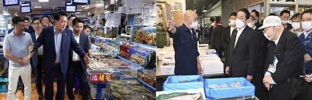 (Left) President Yoon Suk-yeol of South Korea walks through Noryangjin Fish Market in Seoul on Aug. 31. (courtesy of the presidential office) / (Right) Prime Minister Fumio Kishida of Japan visits Toyosu Fish Market in Tokyo on Aug. 31. (Yonhap)