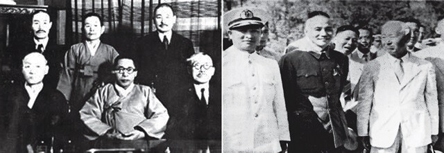 모스크바 3상회의 결정을 계기로 정적이던 김구(왼쪽 사진 앞줄 가운데)와 이승만(오른쪽 사진 맨오른쪽)은 ‘기묘한 동거’를 시작했다. 한겨레