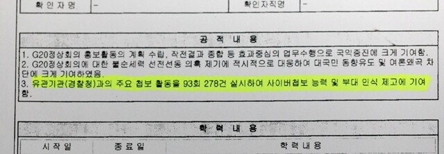 경찰은 군과의 협조를 전면 부인하지만 일부 사이버사 요원은 경찰과의 첩보 활동(93회 278건)으로 장관 표창을 받기도 했다. 이철희 의원실 제공