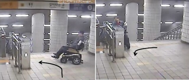 2017년 10월20일 한경덕씨가 신길역 계단에서 추락하기 직전 CCTV 화면 갈무리. 왼팔을 쓰지 못하는 한씨가 역무원 호출버튼을 누르기 위해 전동휠체어를 조작하고 있다. 유가족 제공