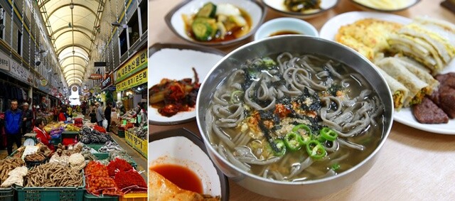 정선 아리랑시장(왼쪽)과 대표적 향토음식 콧등치기국수.