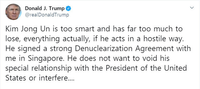 US President Donald Trump’s Dec. 8 tweet warning North Korean leader Kim Jong-un of the consequences of breaking denuclearization agreements.