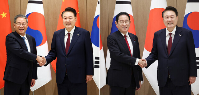 Premier Li Qiang of China (left photo) and Prime Minister Fumio Kishida of Japan (right photo) each shake hands with Yoon ahead of their summits at the presidential office in Seoul. (Yonhap)