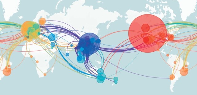 전세계 코로나19 감염환자 1231명의 바이러스 게놈 정보를 토대로 전파 경로를 시각화한 지도.