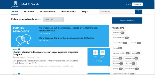 16살 이상 시민 누구나 정책이나 법안을 제안하고 자유롭게 토론하고 예산안 사용처까지 결정할 수 있는 시민참여 플랫폼 ‘마드리드 디사이드’ 웹사이트. 마드리드 디사이드 화면 갈무리