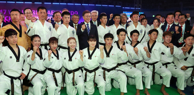 A North Korean demonstration team performs during the opening ceremony of the World Taekwondo Championships in Muju