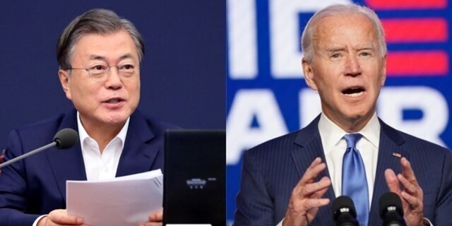 South Korean President Moon Jae-in and unconfirmed US President-elect Joe Biden