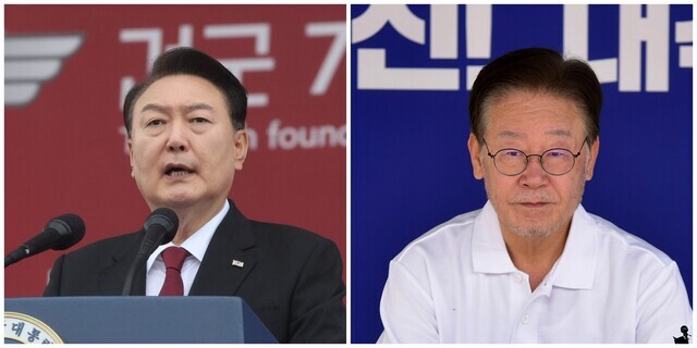 President Yoon Suk-yeol (left) and Democratic Party leader Lee Jae-myung. (presidential office pool photo; pool photo)