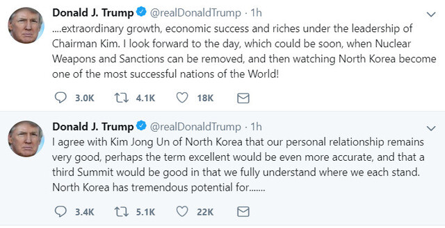 US President Donald Trump emphasizes that his “personal relationship” with North Korean leader “remains very good” in a tweet on Apr. 13. (Trump’s Twitter account)
