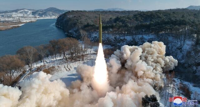 North Korea’s missile authority said it had successfully test-fired an intermediate-range ballistic missile that uses solid fuel on Jan. 14, according to a report by the Rodong Sinmun on Jan. 15. (KCNA/Yonhap)