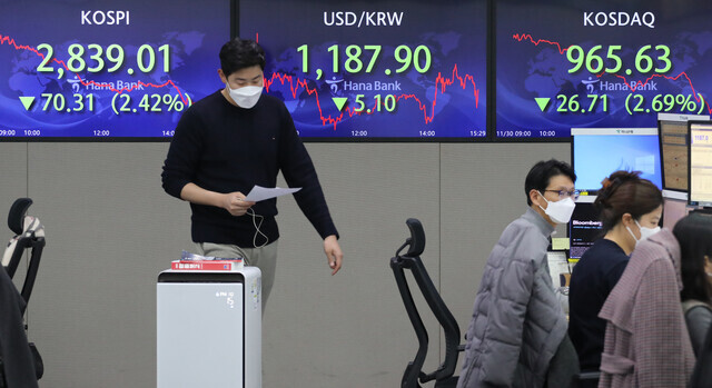 A person passes in front of a monitor displaying the KOSPI at the close of trading at KEB Hana Bank headquarters in Myeongdong on Tuesday. (Yonhap News)