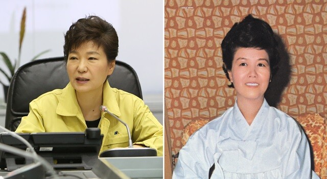 고 육영수씨(오른쪽)를 연상케 하는 올림머리는 박근혜 대통령의 상징이다. 박 대통령이 세월호 참사 당일 중앙재난안전대책본부를 방문하기 전 미용사를 청와대로 불러 올림머리를 한 사실이 최근  보도로 드러났다. 청와대사진기자단, 한겨레