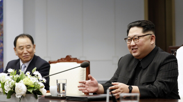 North Korean vice chairman of the Workers’ Party of Korea (WPK) Kim Yong-chol is seen sitting next to North Korean leader Kim Jong-un during the inter-Korean summit on Apr. 27.