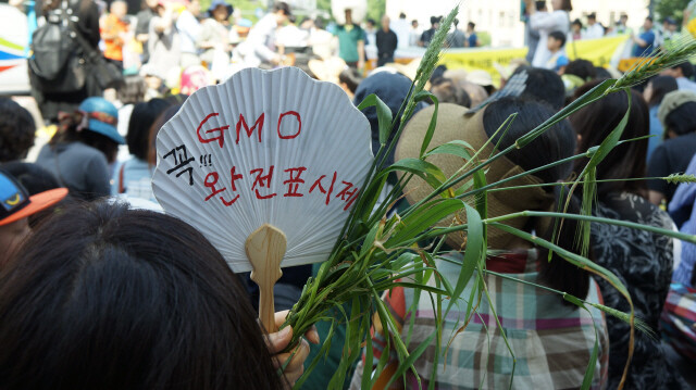 시민들이 5월21일 서울 광화문 일대에서 ‘몬샌토 반대’를 외치며 행진하고 있다. 몬샌토는 전세계 유전자변형식품(GMO) 특허권의 90%를 소유한 다국적기업이다. GMO반대생명운동연대 제공