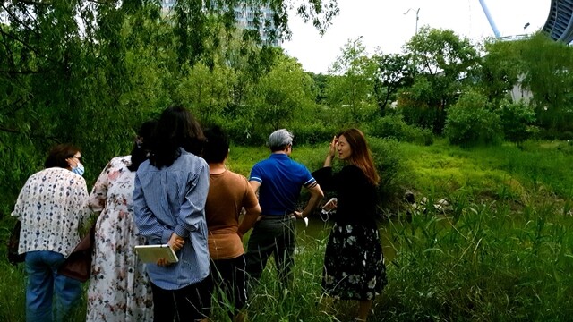 코로나19 사태 이후 산과 숲, 강 등 자연을 찾는 시민이 늘고 있다. 5월23일 서울 여의도 샛강 생태공원에서 조은미 사회적협동조합 한강 사무국장(맨 오른쪽)이 ‘문학의 숲’ 프로그램에 참여한 시민들에게 샛강의 자연 생태를 설명하고 있다. 사회적협동조합 한강 제공