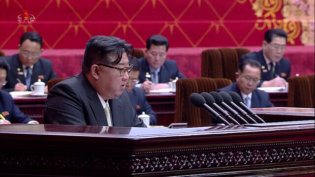 North Korean leader Kim Jong-un gives a speech before the Supreme People’s Assembly on Jan 15, 2024, in which he calls for the amendment of the North’s constitution to define South Korea as its “invariable principal enemy.” (still from KCTV/Yonhap)