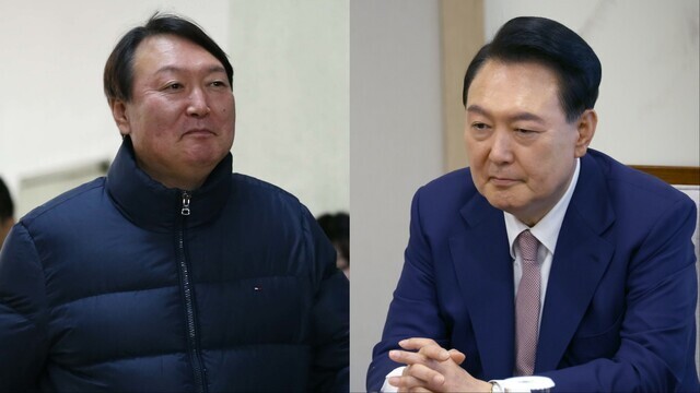 윤석열 대통령. 왼쪽 사진은 2017년 ‘박근혜-최순실 게이트’ 박영수 특별검사팀 수사팀장 시절. 오른쪽은 지난 4월 이재명 전 더불어민주당 대표와의 단독회담 중인 모습. 한겨레 자료사진