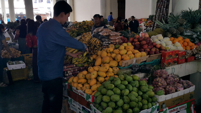 부탄 경제는 외국 원조에 크게 의존하고 있다. 부탄의 한 시장에서 팔리는 인도산 과일들. 
