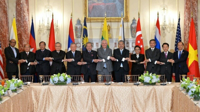 US Secretary of State Rex Tillerson poses for a commemorative photo with foreign ministers of ASEAN countries