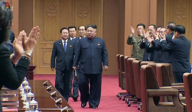 North Korean leader Kim Jong-un before giving his speech during the 1st Meeting of the 14th Supreme People’s Assembly