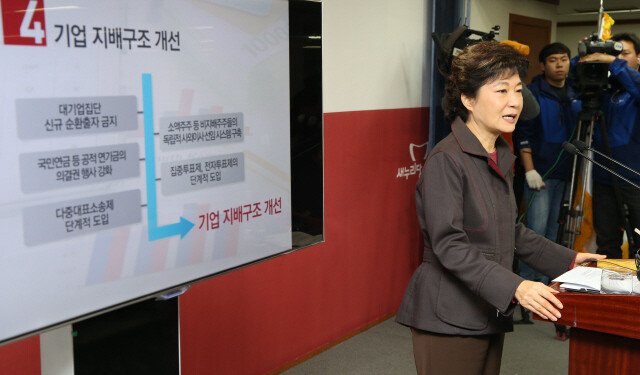 대선을 한 달 앞둔 2012년 11월16일, 박근혜 새누리당 대선 후보가 서울 여의도 당사에서 경제민주화 공약을 발표하고 있다. 한겨레 이정우 선임기자
