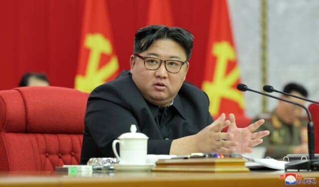 North Korean leader Kim Jong-un spoke at an enlarged meeting of the ruling Workers’ Party of Korea Politburo on Jan. 23-24, the party’s Rodong Sinmun newspaper reported on Jan. 25. (KCNA/Yonhap)