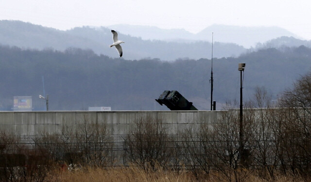 A newly deployed US Patriot (PAC-3) missile is pointed toward North Korea at Osan Air Base in Gyeonggi Province