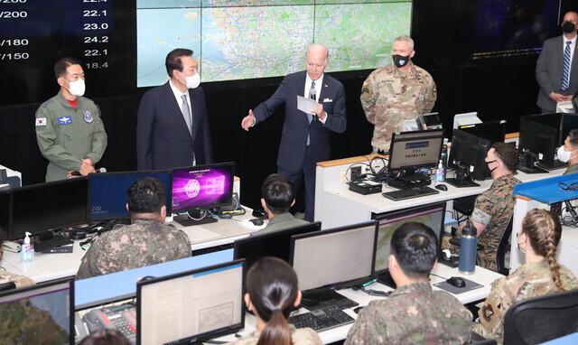 US President Joe Biden speaks briefly to US troops at KAOC on Osan Air Base in Pyeongtaek, south of Seoul, on May 22. (presidential office pool photo)