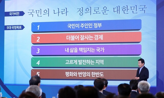 김진표 국정기획자문위원장이 7월19일 청와대 영빈관에서 열린 국정과제 보고대회에서 ‘국정운영 5개년 계획’을 발표하고 있다. 연합뉴스