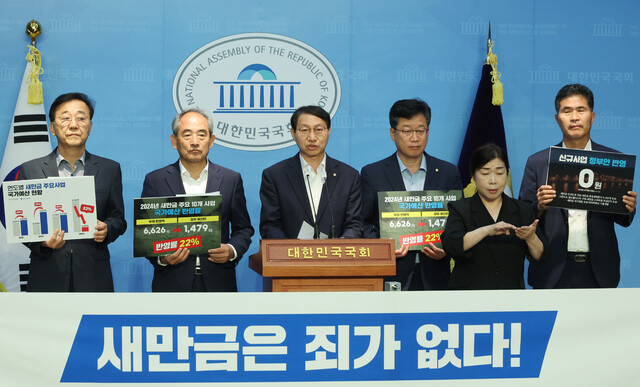 더불어민주당 전북 지역 21대 국회의원들이 지난해 8월30일 오전 국회 소통관에서 새만금 예산 대규모 삭감 관련 정부 규탄 기자회견을 하고 있다. 가운데 말하고 있는 이가 신영대 의원. 연합뉴스