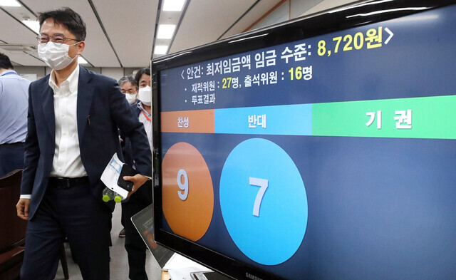 A vote on raising the minimum wage during the ninth plenary session of the Minimum Wage Commission at the Government Complex in Sejong on July 14. (Yonhap News)