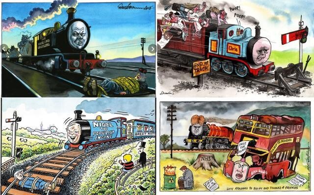 &lt;토마스와 친구들&gt;을 패러디한 영국 만평 모음. 트위터 갈무리