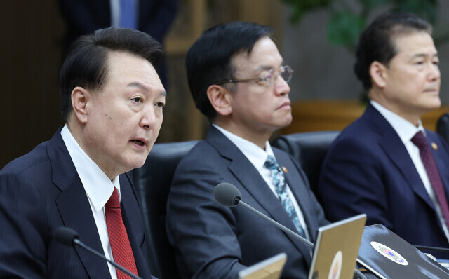President Yoon Suk-yeol speaks at a Cabinet meeting held at the government complex in Sejong on March 6, 2024. (Yonhap)