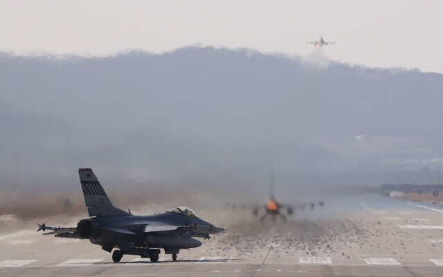 An F-16 fighter jet takes off at Osan Air Base in Pyeongtaek