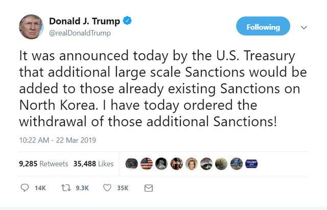 US President Donald Trump posts a tweet on Mar. 22 canceling the US Treasury’s additional sanctions on North Korea. (Trump’s Twitter account)