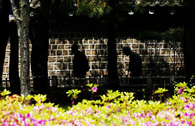 Elderly people walk in front of Jongmyo Park