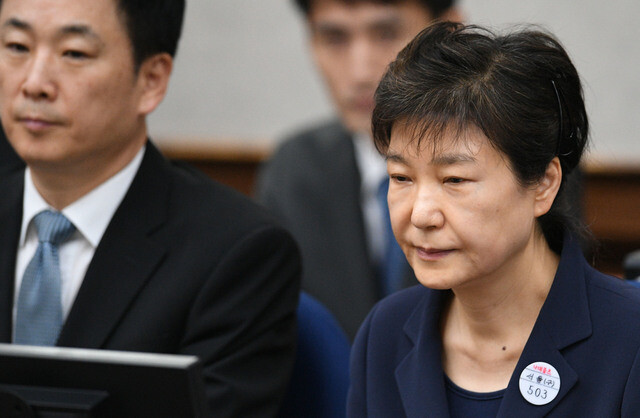 Former president Park Geun-hye attends the first hearing of her trial at the Seoul Central District Court on May 23. Park refused to attend the sentencing phase of the trial on Apr. 6
