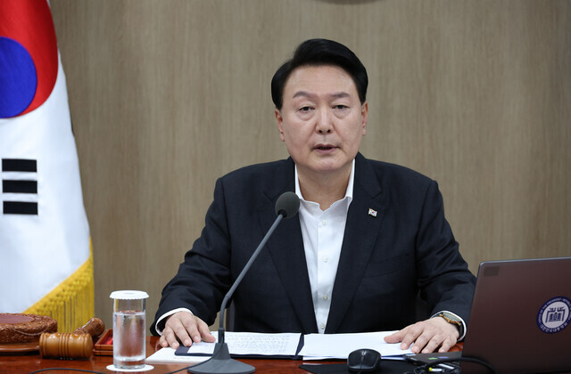 President Yoon Suk-yeol speaks at a Cabinet meeting at the presidential office in Seoul on Aug. 29. (Yonhap)