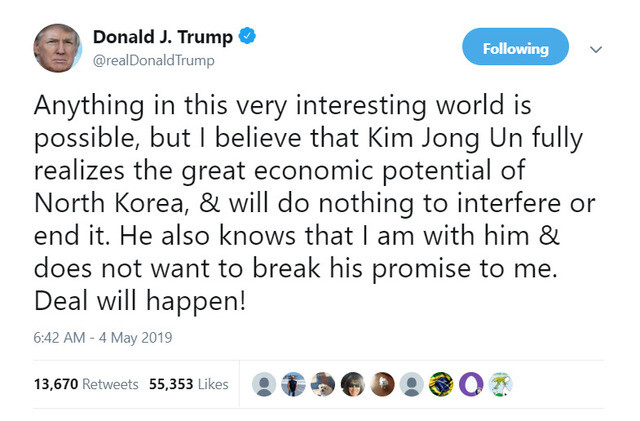 US President Donald Trump’s tweet on May 4 regarding North Korea’s test launch of short-range missiles. (Trump’s Twitter account)