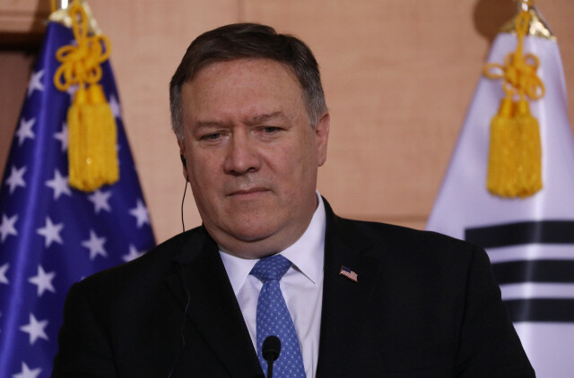 US Secretary of State Mike Pompeo at a joint press conference with South Korean Foreign Minister Kang Kyung-wha and Japanese Foreign Minister Taro Kono on June 14. (photo pool)