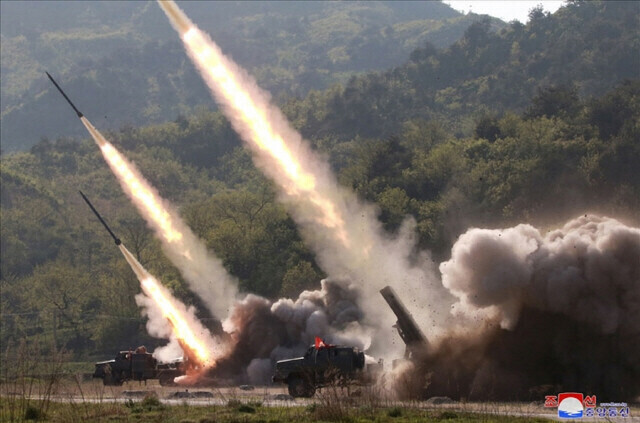 North Korea carried out a “firepower strike drill” on May 9, 2019, under the supervision of leader Kim Jong-un. Some believe the projectiles to be the “North Korean Iskander” and 240 mm multiple rocket launchers. (KCNA/Yonhap)