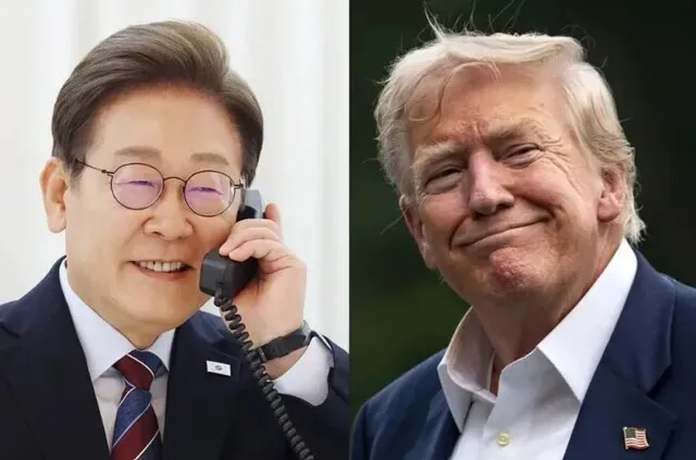 South Korean President Lee Jae-myung during his phone call with US President Trump, pictured right, on June 6, 2025. (EPA/Yonhap)
