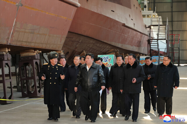 North Korean leader Kim Jong-un visited a shipyard in Nampo, North Korea, according to a report by state media on Feb. 2. (KCNA/Yonhap)