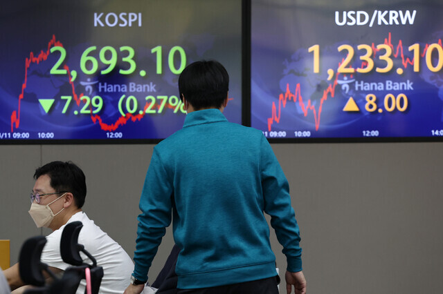 Monitors inside the dealing room of KEB Hana Bank in Seoul’s Jung District display the KOSPI index and dollar-won exchange rate on April 11. (Yonhap News)